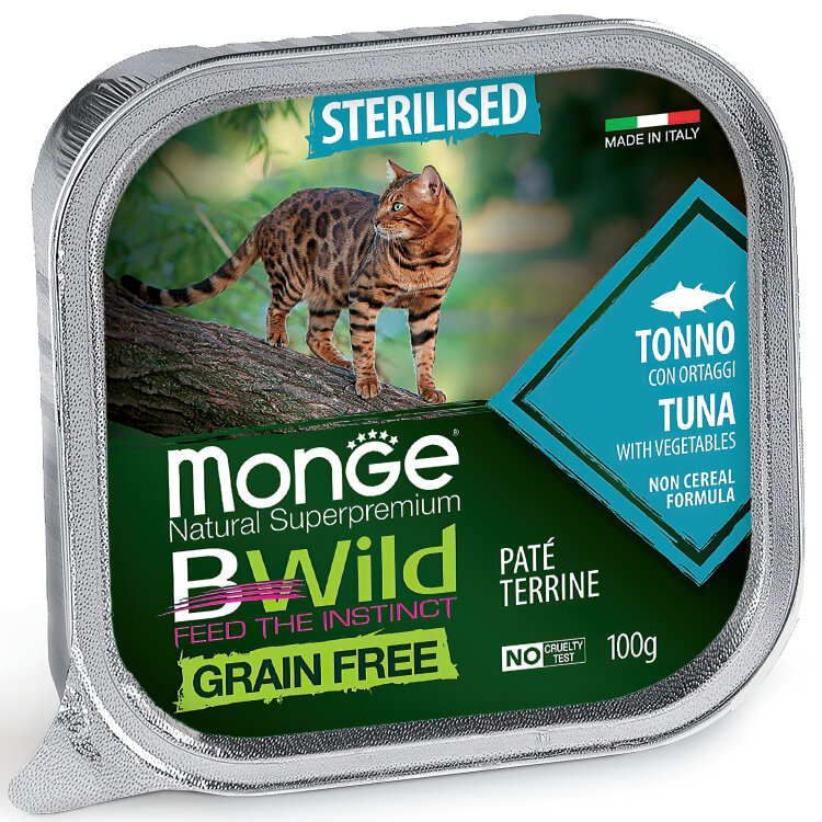 Заказать онлайн Monge Cat BWild GRAIN FREE беззерновые консервы из тунца с овощами для стерилизованных кошек 100 г. в интернет-магазине зоотоваров Зубастик-ДВ в Хабаровске и по всей России.