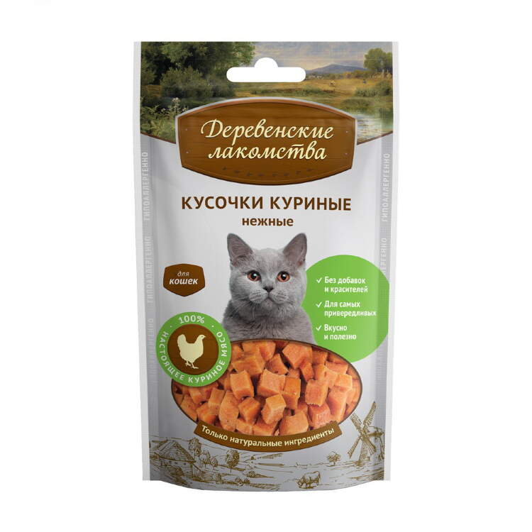 Заказать онлайн ДЕРЕВЕНСКИЕ ЛАКОМСТВА для кошек Кусочки куриные нежные - 45гр в интернет-магазине зоотоваров Зубастик-ДВ в Хабаровске и по всей России.