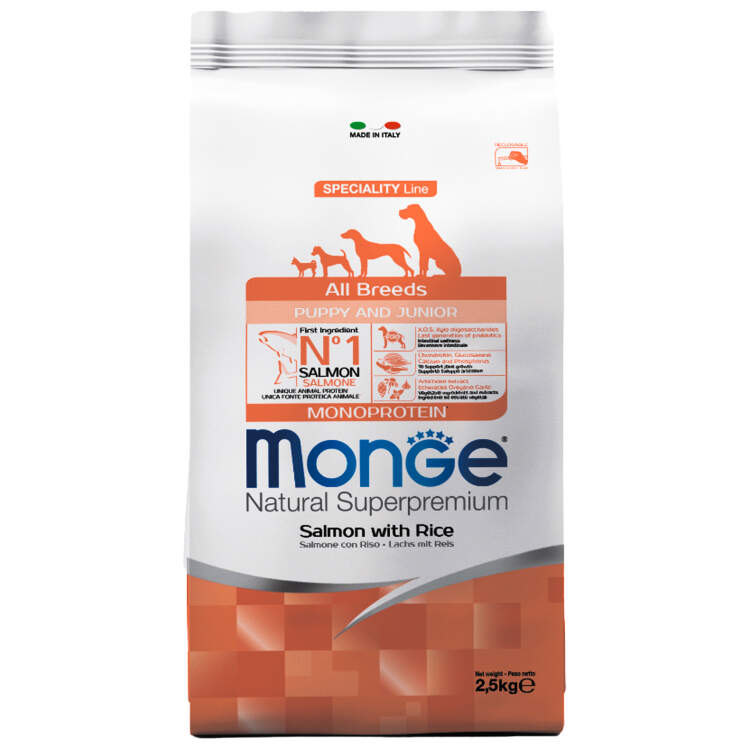 Заказать онлайн Monge Dog Monoprotein Puppy&Junior корм для щенков всех пород лосось с рисом в интернет-магазине зоотоваров Зубастик-ДВ в Хабаровске и по всей России.