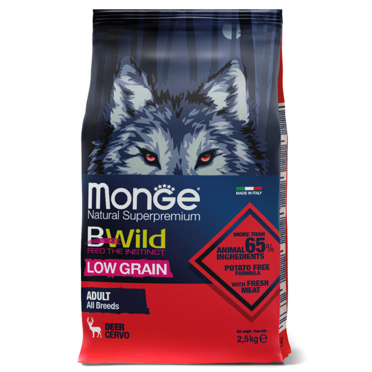Заказать онлайн Monge Dog BWild LOW GRAIN низкозерновой корм из мяса оленя для взрослых собак всех пород  в интернет-магазине зоотоваров Зубастик-ДВ в Хабаровске и по всей России.