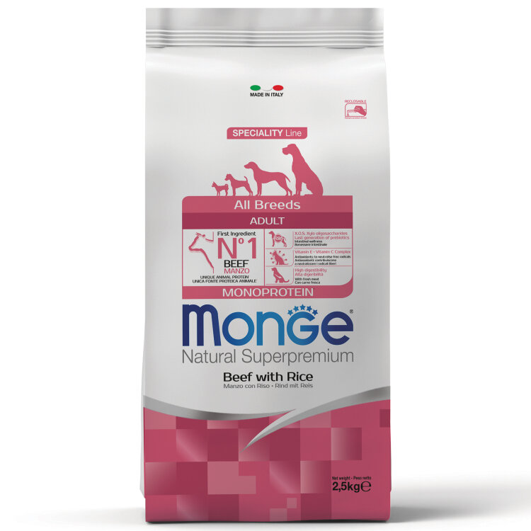 Заказать онлайн Monge Dog Monoprotein All Breeds Beef and Rice корм для собак всех пород говядина с рисом в интернет-магазине зоотоваров Зубастик-ДВ в Хабаровске и по всей России.