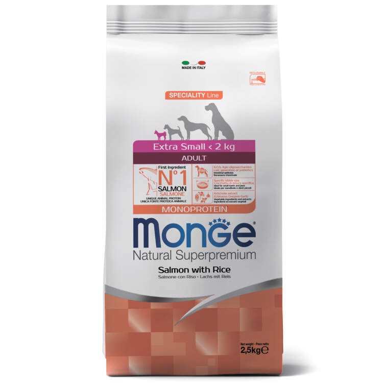 Заказать онлайн Monge Dog Monoprotein Extra Small корм для взрослых собак миниатюрных пород лосось с рисом в интернет-магазине зоотоваров Зубастик-ДВ в Хабаровске и по всей России.