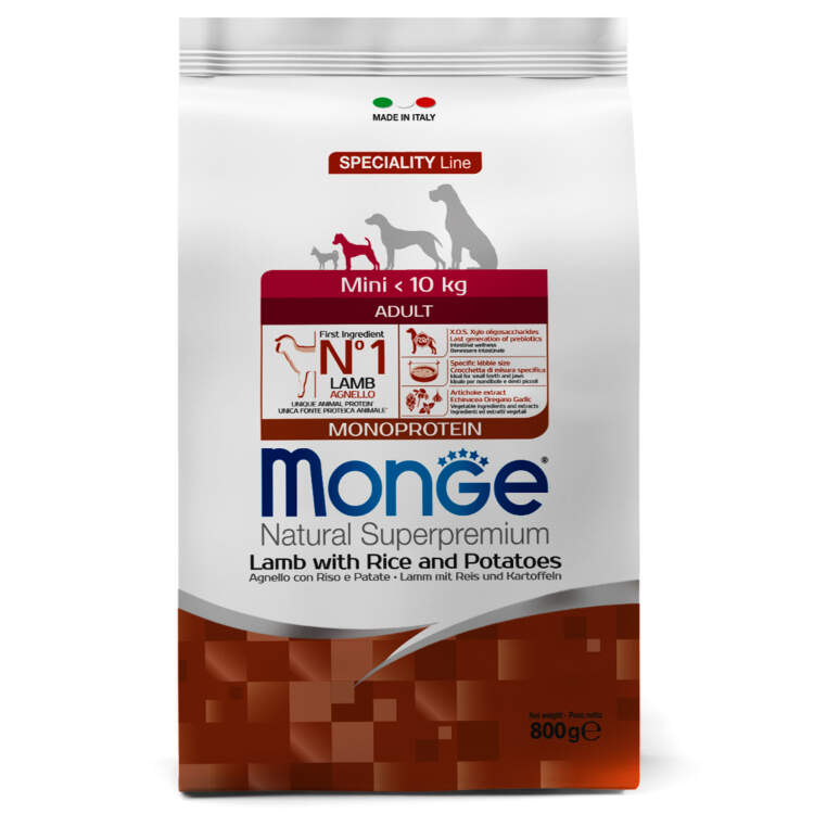 Заказать онлайн Monge Dog Monoprotein Mini корм для взрослых собак мелких пород ягненок с рисом и картофелем в интернет-магазине зоотоваров Зубастик-ДВ в Хабаровске и по всей России.