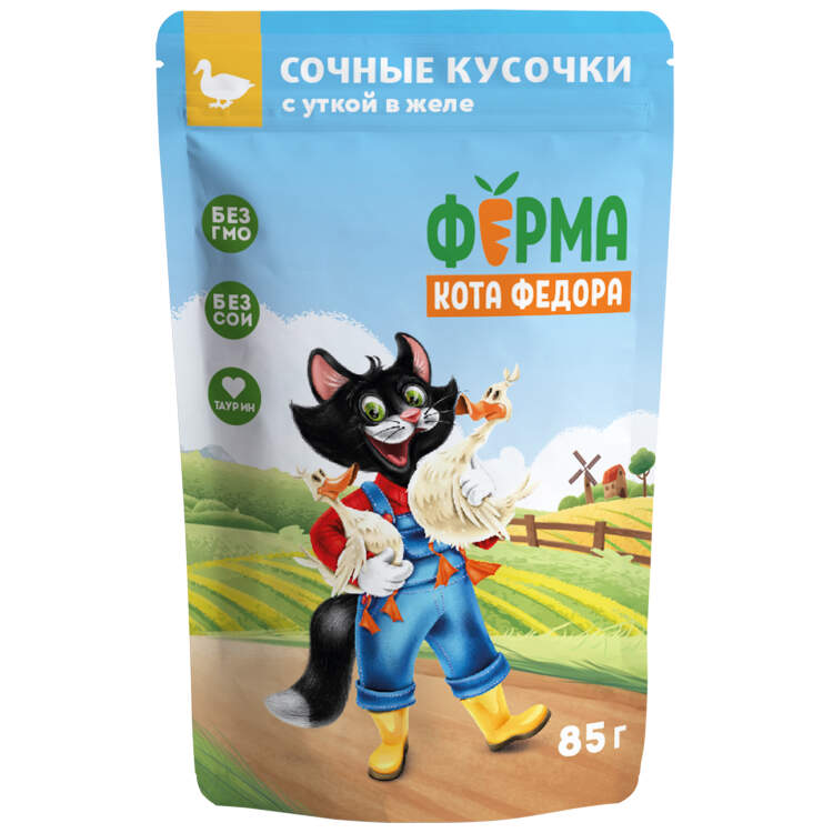 Заказать онлайн Ферма кота Фёдора сочные кусочки в желе для кошек с уткой 85г в интернет-магазине зоотоваров Зубастик-ДВ в Хабаровске и по всей России.