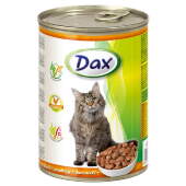 Купить онлайн DAX консервированный корм для взрослых кошек Курица кусочки в соусе - 415гр в Зубастик-ДВ (интернет-магазин зоотоваров) с доставкой по Хабаровску и по всей России.