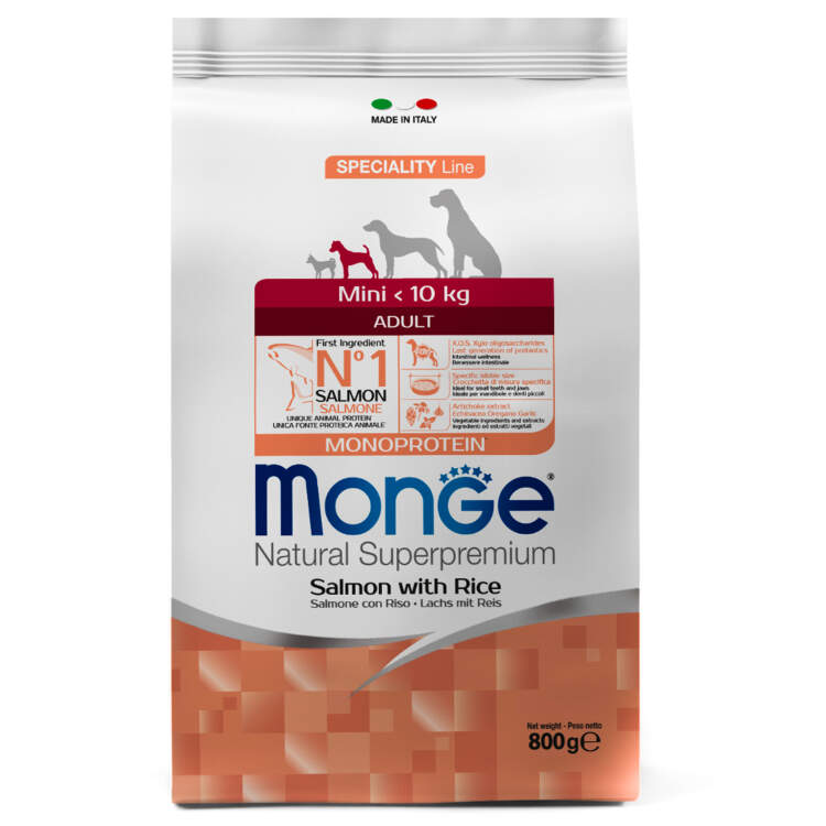 Заказать онлайн Monge Dog Monoprotein Mini корм для взрослых собак мелких пород лосось с рисом в интернет-магазине зоотоваров Зубастик-ДВ в Хабаровске и по всей России.