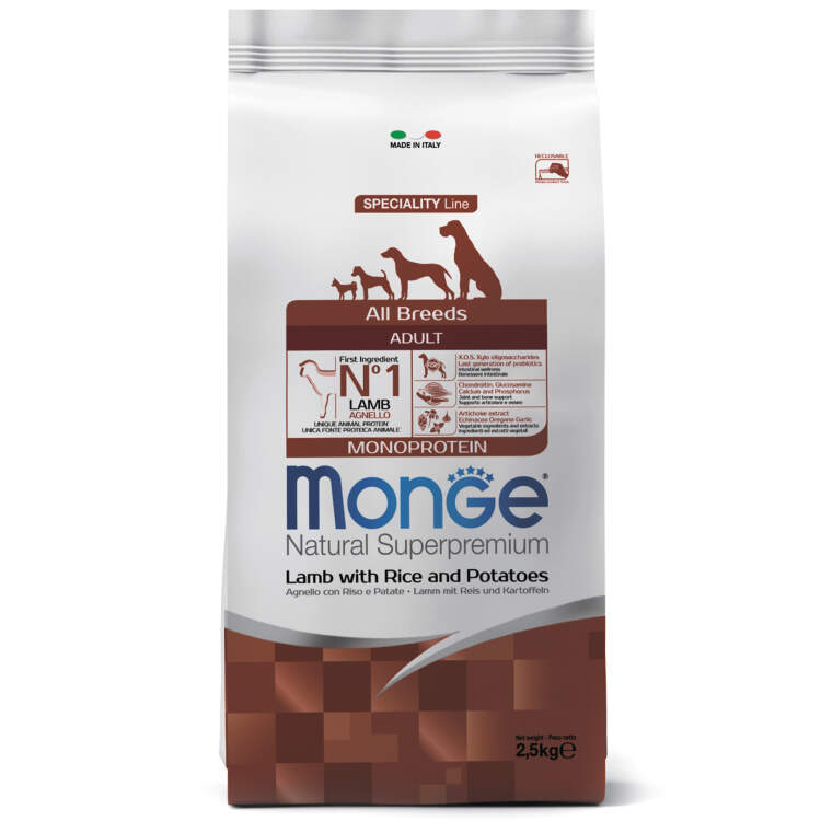 Заказать онлайн Monge Dog Monoprotein корм для собак всех пород ягненок с рисом и картофелем в интернет-магазине зоотоваров Зубастик-ДВ в Хабаровске и по всей России.