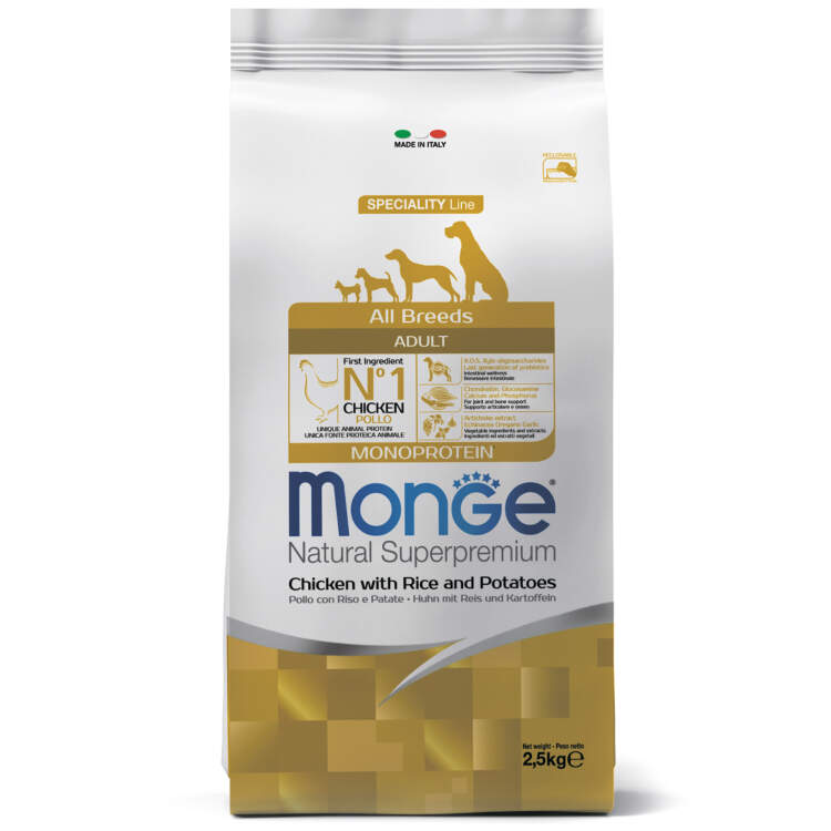 Заказать онлайн Monge Dog Monoprotein корм для собак всех пород курица с рисом и картофелем в интернет-магазине зоотоваров Зубастик-ДВ в Хабаровске и по всей России.