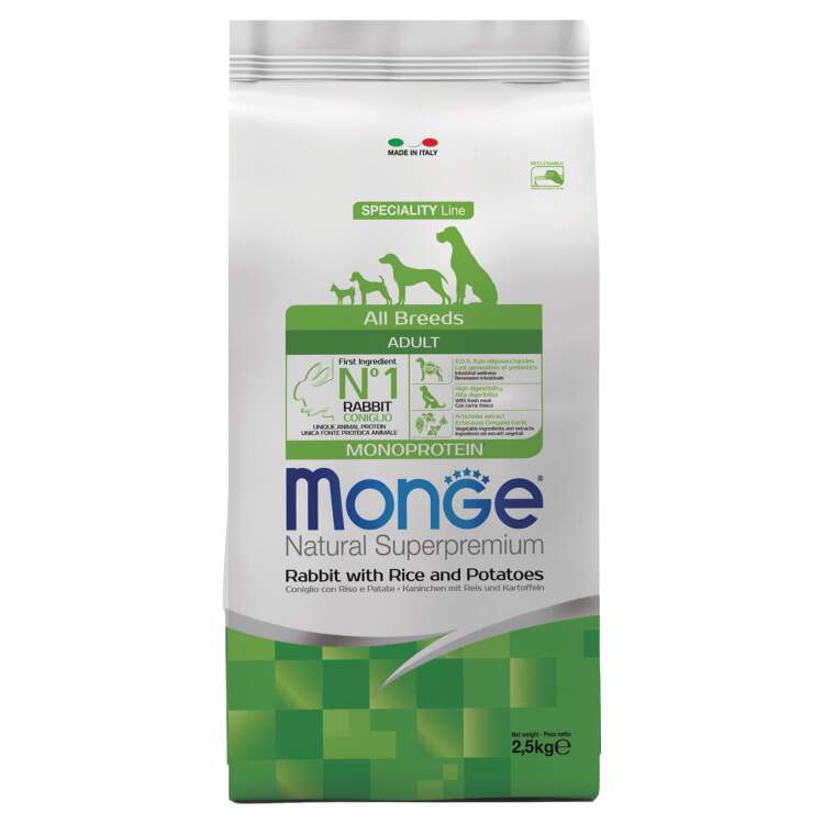 Заказать онлайн Monge Dog Monoprotein корм для собак всех пород кролик с рисом и картофелем в интернет-магазине зоотоваров Зубастик-ДВ в Хабаровске и по всей России.