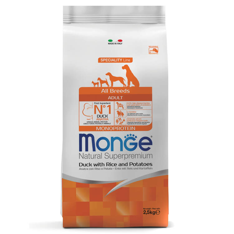 Заказать онлайн Monge Dog Monoprotein корм для собак всех пород утка с рисом и картофелем в интернет-магазине зоотоваров Зубастик-ДВ в Хабаровске и по всей России.