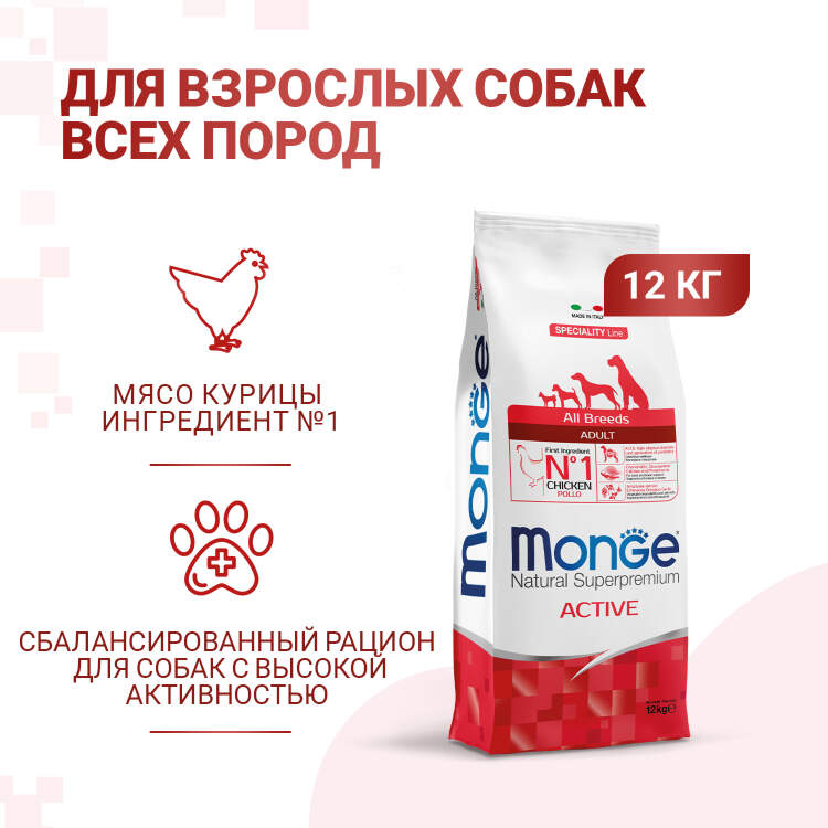 Заказать онлайн Monge Dog Speciality Active корм для активных собак с курицей 12 кг. в интернет-магазине зоотоваров Зубастик-ДВ в Хабаровске и по всей России.