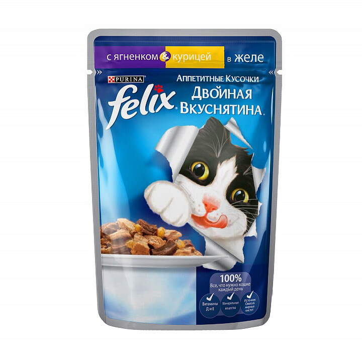 Заказать онлайн FELIX — Феликс Двойная вкуснятина для взрослых кошек аппетитные кусочки в желе Ягнёнок и курица в интернет-магазине зоотоваров Зубастик-ДВ в Хабаровске и по всей России.