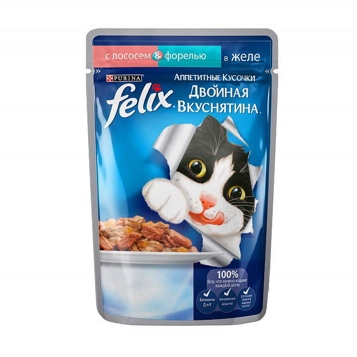 Заказать онлайн FELIX — Феликс Двойная вкуснятина для взрослых кошек аппетитные кусочки в желе Лосось и форель в интернет-магазине зоотоваров Зубастик-ДВ в Хабаровске и по всей России.