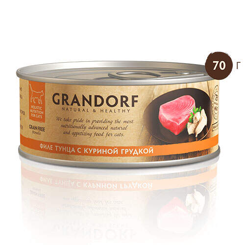 Заказать онлайн GRANDORF влажный корм филе Тунца с куриной грудкой 70гр в интернет-магазине зоотоваров Зубастик-ДВ в Хабаровске и по всей России.